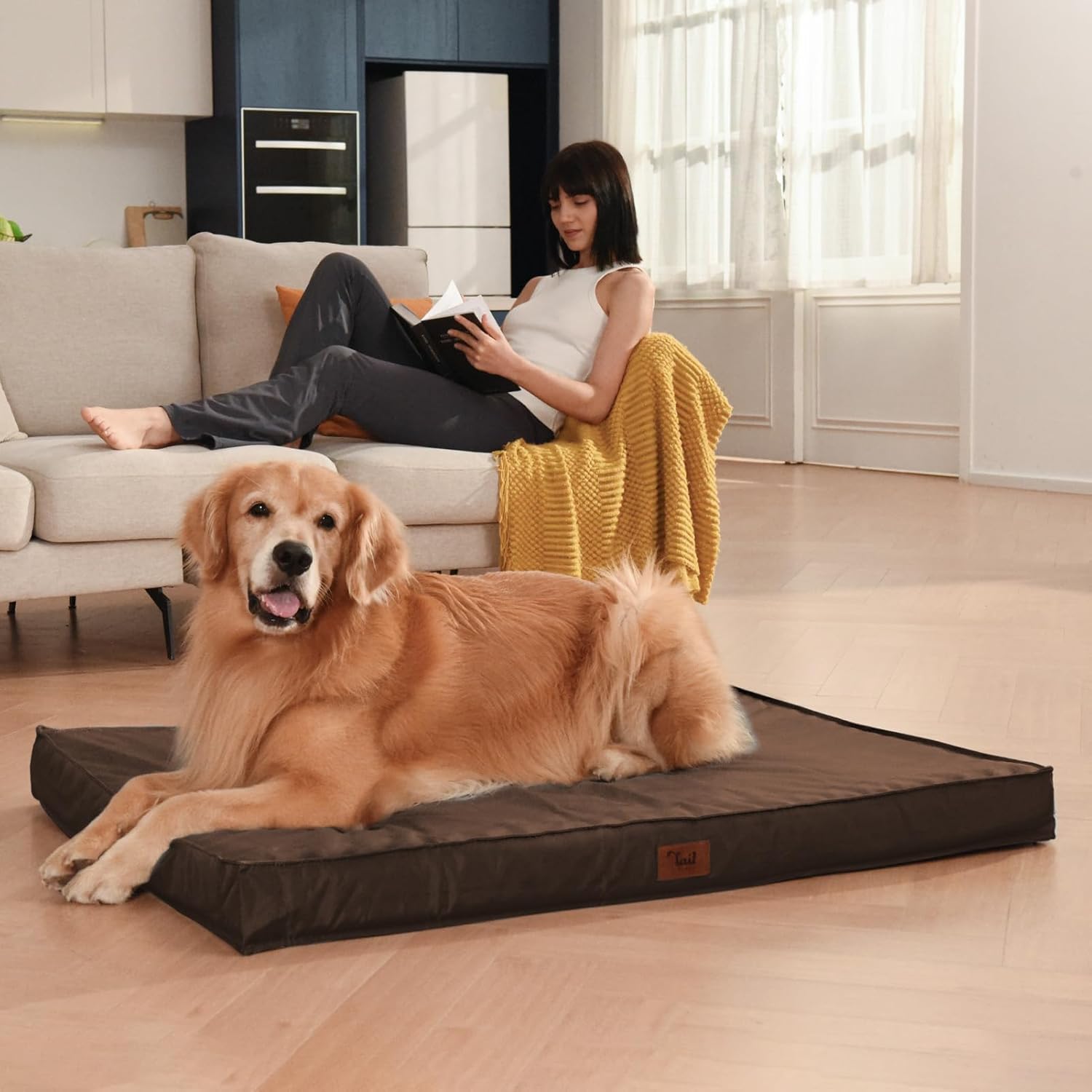 Outdoor Dog Bed Waterproof, Outside Cooling Dog Bed for Medium Dogs, Orthopedic Egg Foam Pet Bed with Removable Washable Oxford Cover, Brown