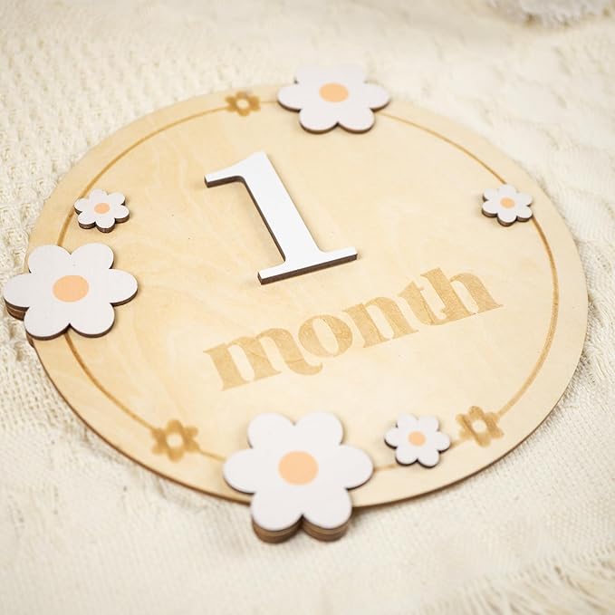 Baby Monthly Milestone Cards - Wooden Monthly Milestone Discs - Newborn Photography Props to Document Your Baby´s Growth - Baby Announcement Sign (B06)