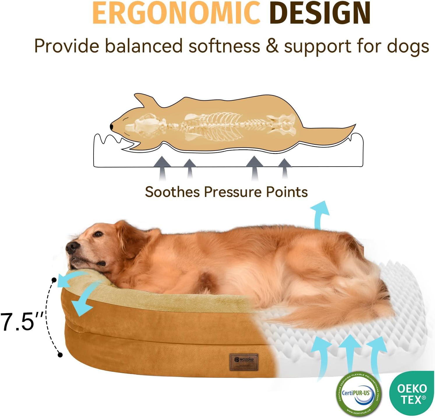 Orthopedic Waterproof Large Dog Bed: Memory Foam Washable Dog Bed with Bolsters - XXL Orthopedic Removable Cover for Medium Large Sized Pet - Non-Slip Bottom - Orange