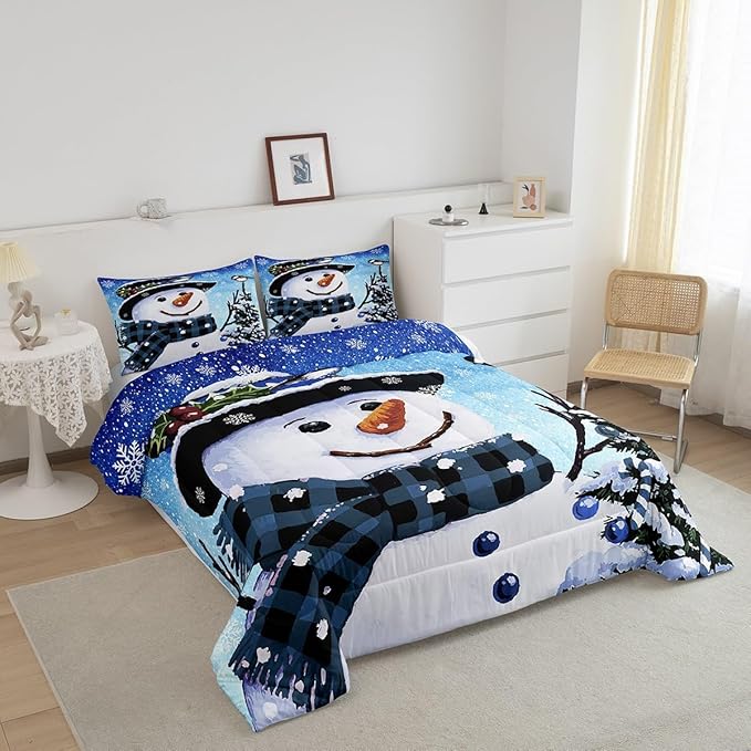Feelyou Kids Christmas Theme Decorations Bedding Set Xmas Snowman Comforter Set for Boys Girls Snowflake Kawaii Cute Comforter Gradient Blue Quilt Set Bedroom Collection Toddler Size