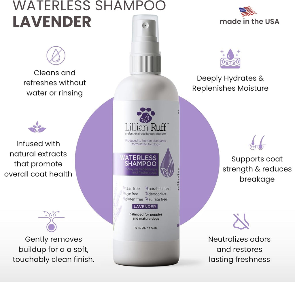 Lillian Ruff Waterless No-Rinse Dog Dry Shampoo Spray with Hydrating Essential Oils - pH-Balanced Dry Shampoo for Dogs - Clean, Condition, Detangle & Deodorize Dry, Sensitive Skin (Lavender)