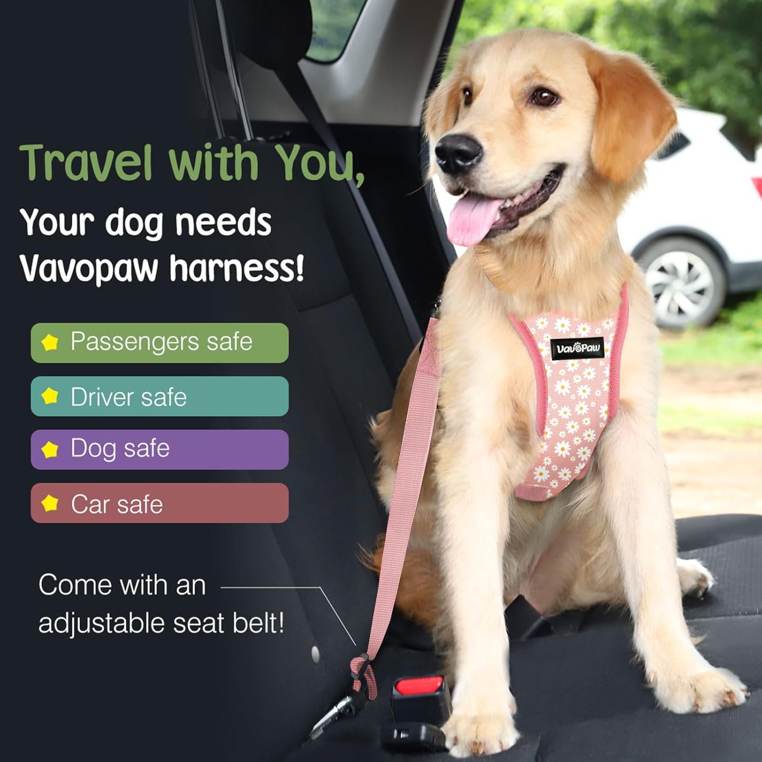 Dog Seat Belt, Safety Vest Dog Car Harness with Adjustable Buckle Dog Seat Belt for Vehicle Nylon Pet Safety Seat Belts Heavy Duty(S, Pink Daisy)
