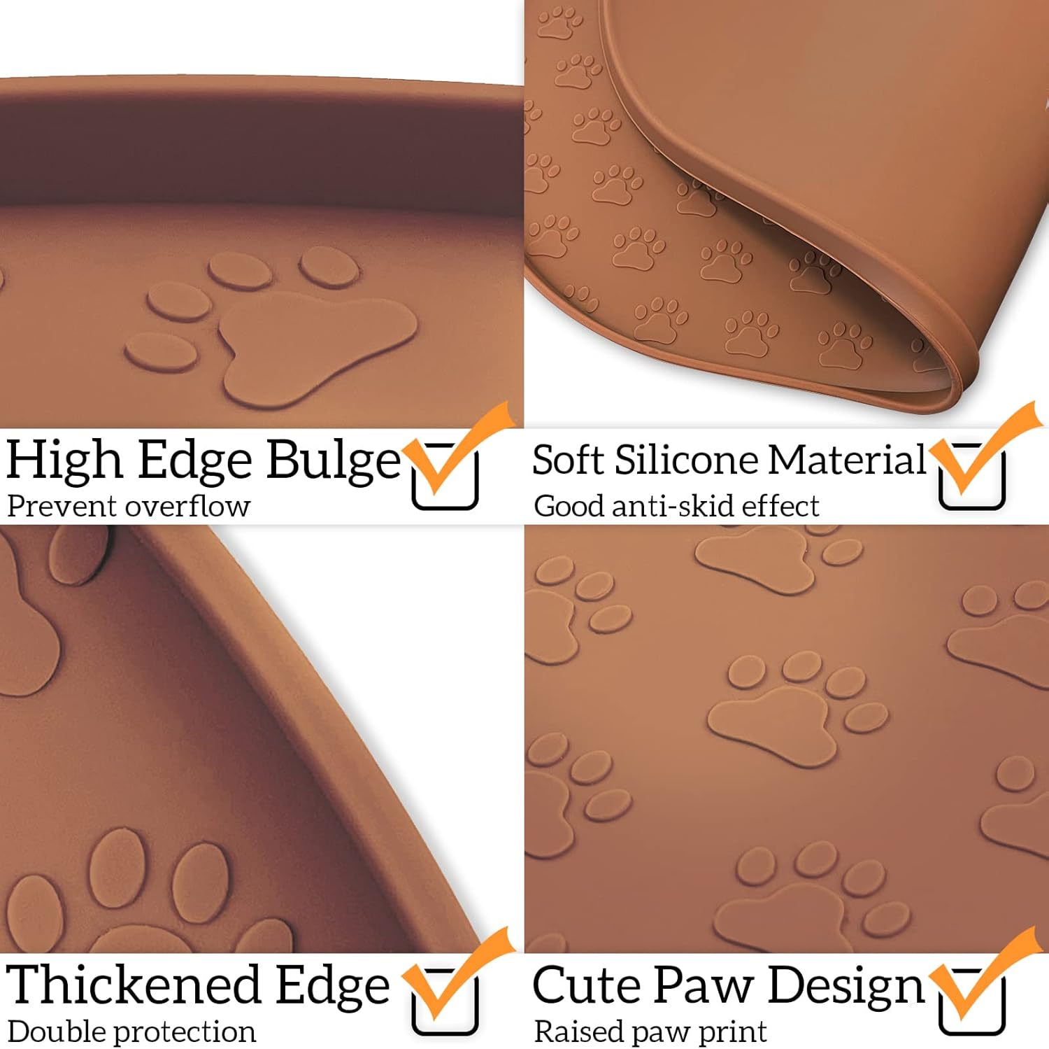 KPWACD Pet Placemat for Dog and Cat, Anti-Slip Waterproof Dogs Feeding Bowl Mat Prevent Food and Water Overflow, Silicone Puppy Dish Mats Suitable for Small Medium Big Pets, Brown, 24" * 16"