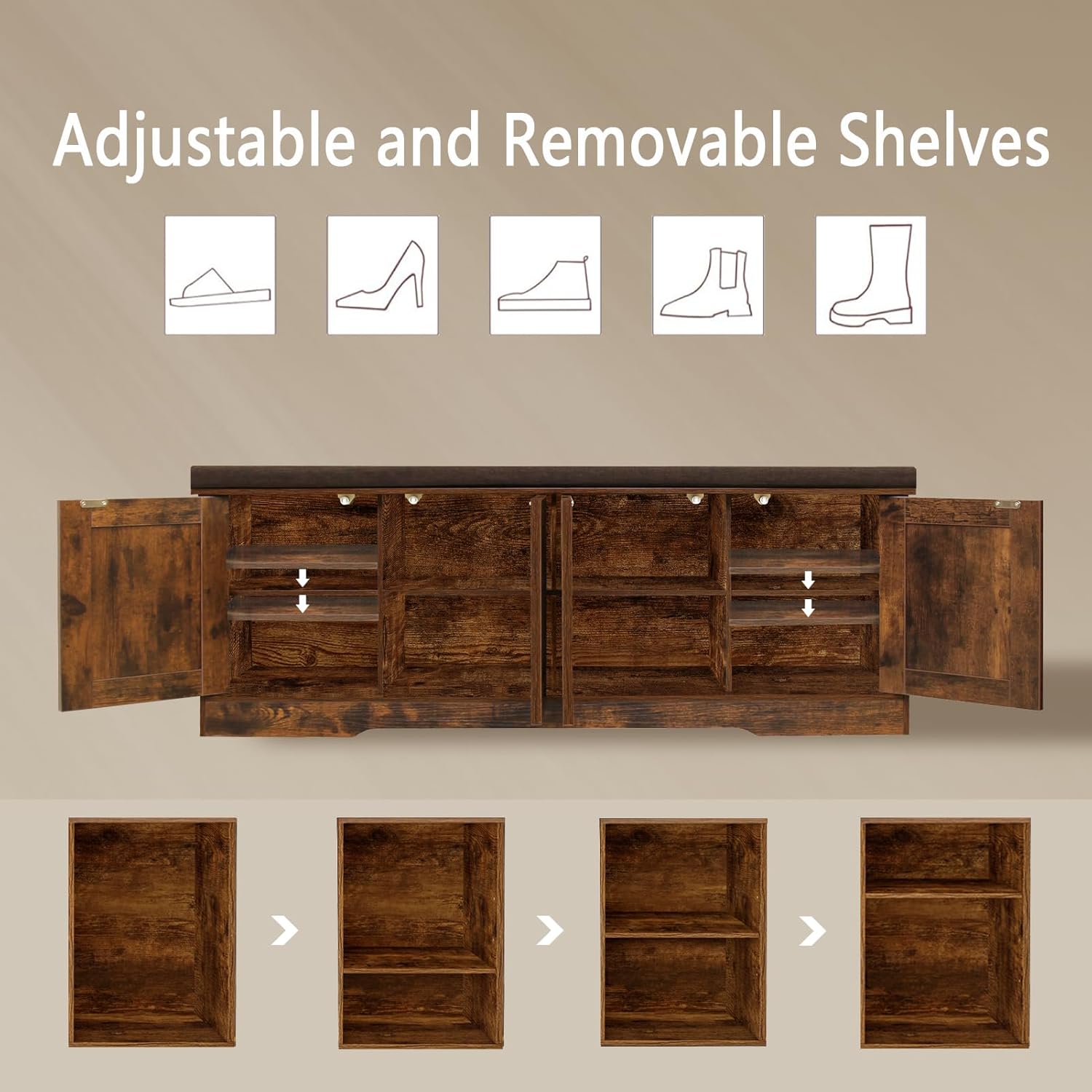 DINZI LVJ Shoe Bench, Entryway Storage Bench with Doors, Cushion, 2-Tier Shoe Rack with 8-Cubby, 47.2”L x 13.8”W Shoe Organizer Cabinet, Adjustable Shelf, Living Room, Bedroom, Rustic Brown