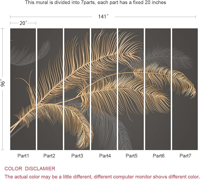 Black and Gold Feather Wallpaper Huge Banana Leaf Mural Wallpaper for Bedroom Living Room TV Background (Not Peel n' Stick)