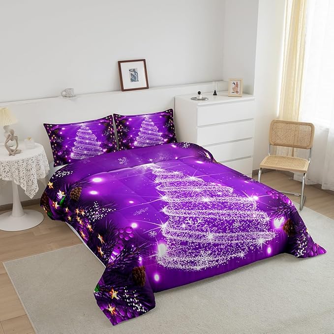 Feelyou Kids Merry Christmas Decorations Comforter Set, Kids Santa Tree Bedding Set Queen Size for Boys Girls Teens Xmas Christmas Bell Decor Comforter Glitter Purple Quilt Set