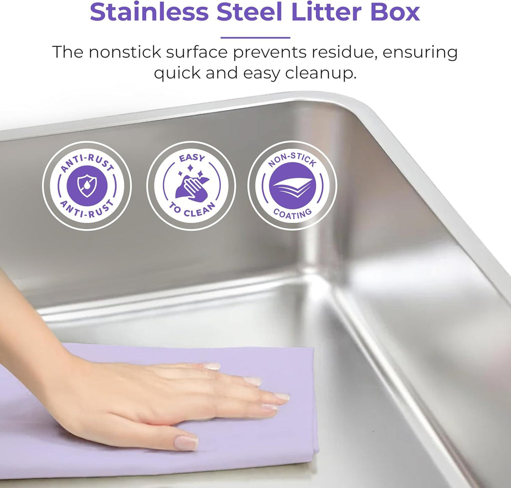 iPrimio - Stainless Steel Enclosed Litter Box for Cats - Easy to Clean - Includes High-Sided Litter Box, Scooper for Extra Scatter Protection - Medium Size for Big Cats - 20 x 14.2 x 6 in