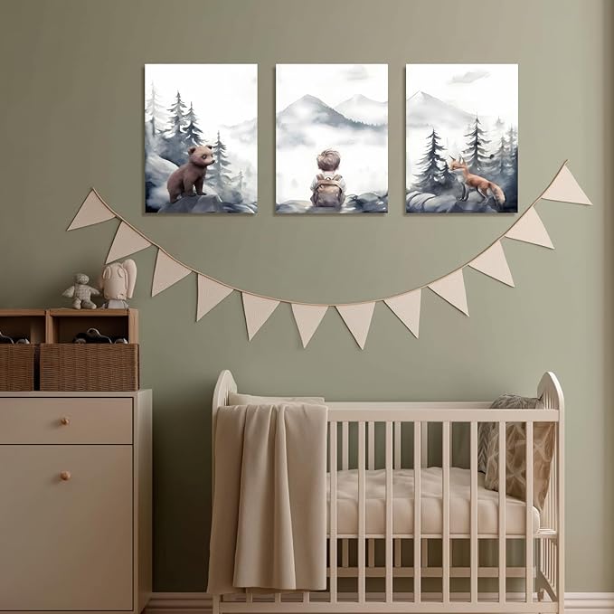 kilamino Neutral Woodland Wild Animal Wall Art, Cute Bear Fox Nursery Wall Decor, Adventure Boy Poster Prints, Vintage Forest Animal Canvas Paintings for Baby Room Classroom Playroom Framed 12"x16"x3