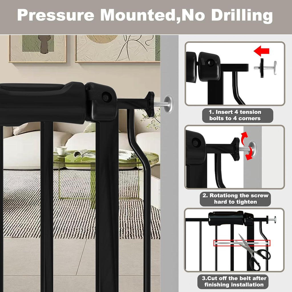 Fairy Baby Walk Through Baby Gate 34-38.5 Inch Wide, Pressure Mounted Safety Gate with Door No Drill, Tension Metal Gate for Dog and Toddler, Black