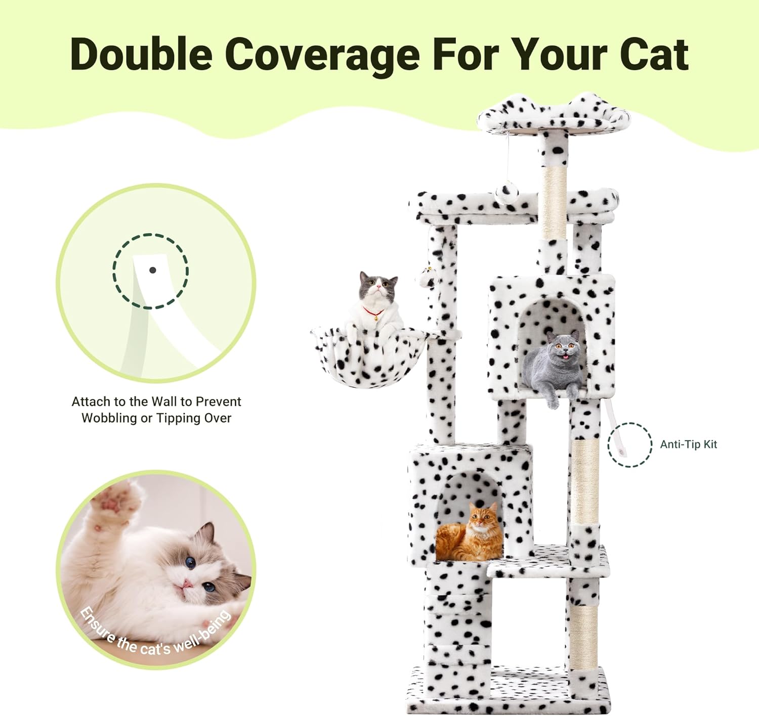 Allewie 64 Inches Cat Tree Tower/Multi-Level Activity Center for Indoor Big Felines/2 Plush Condos/2 Perchs/Basket/House/Sisal Scratching Posts/Hanging Cat Toys/White & Black Spot