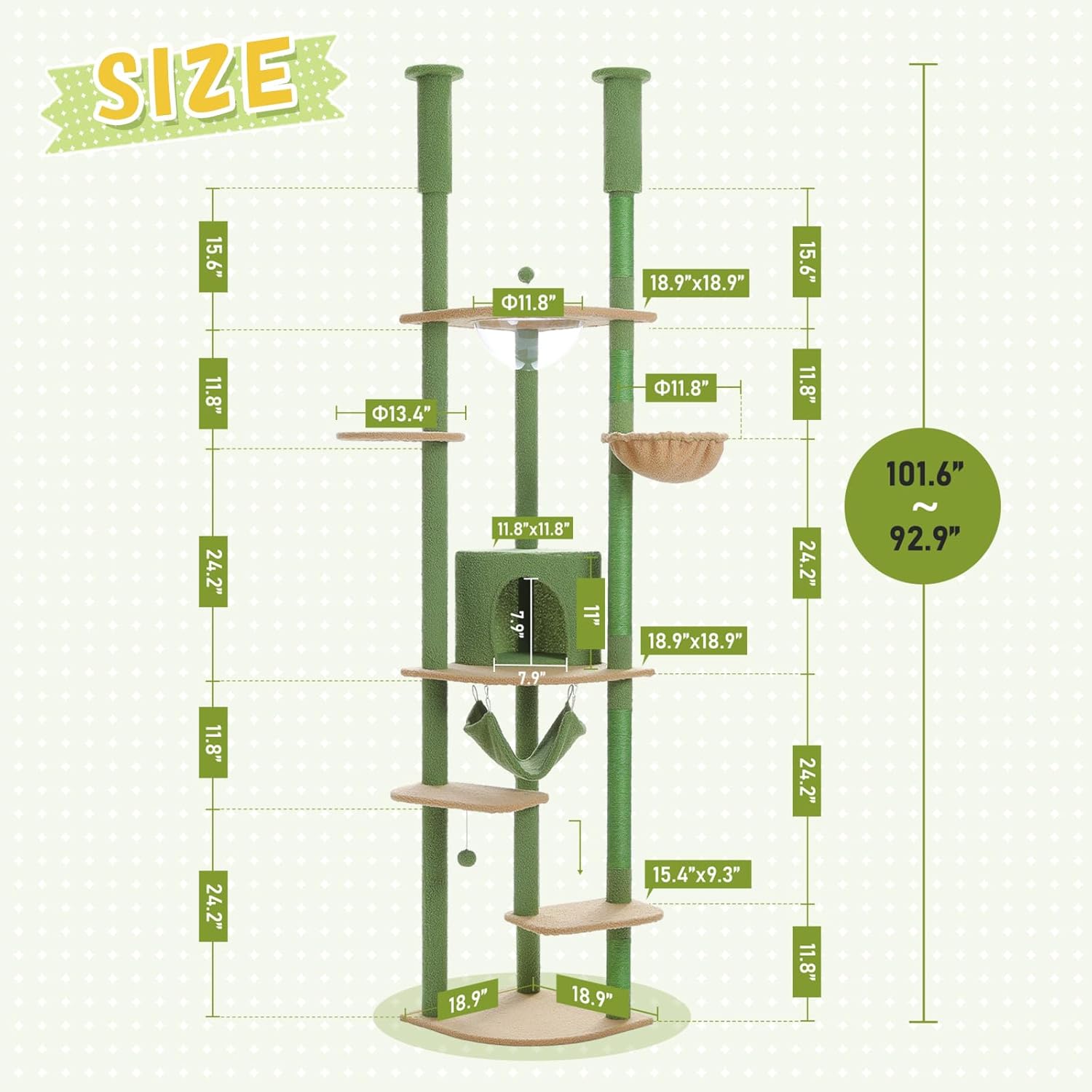 PEQULTI Floor to Ceiling Cat Tree 92.9’’-101.6’’ Height Adjustable Cat Tower Tall Kitty Climbing Play House with Scratching Posts, Cozy Condo, Perches and Large Hammock for Indoor Cats Green