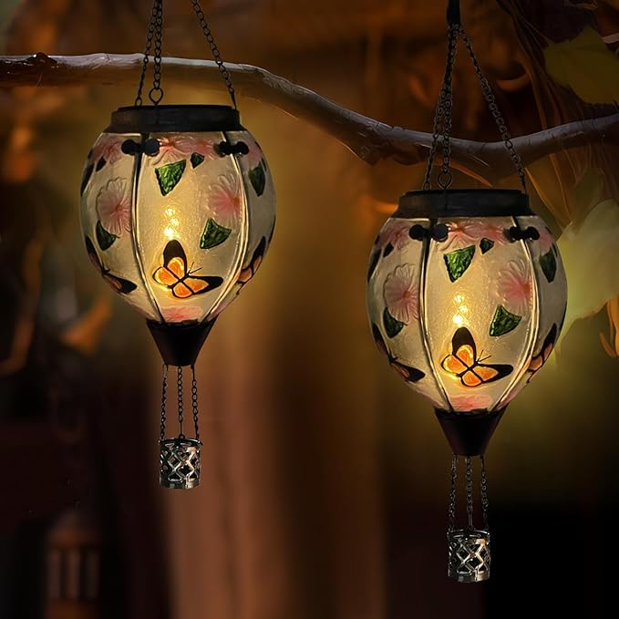 Hot Air Balloon Solar Lantern with Flickering Flame, Glass Hanging Garden Lights Outdoor Waterproof for Tree Yard Patio Mother's Day Gift, 18" H Butterfly