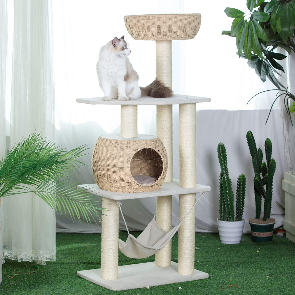 Wood Cat Tree for Indoor Cats, 52.4 Inch Tall, with Scratching Post and Hammock