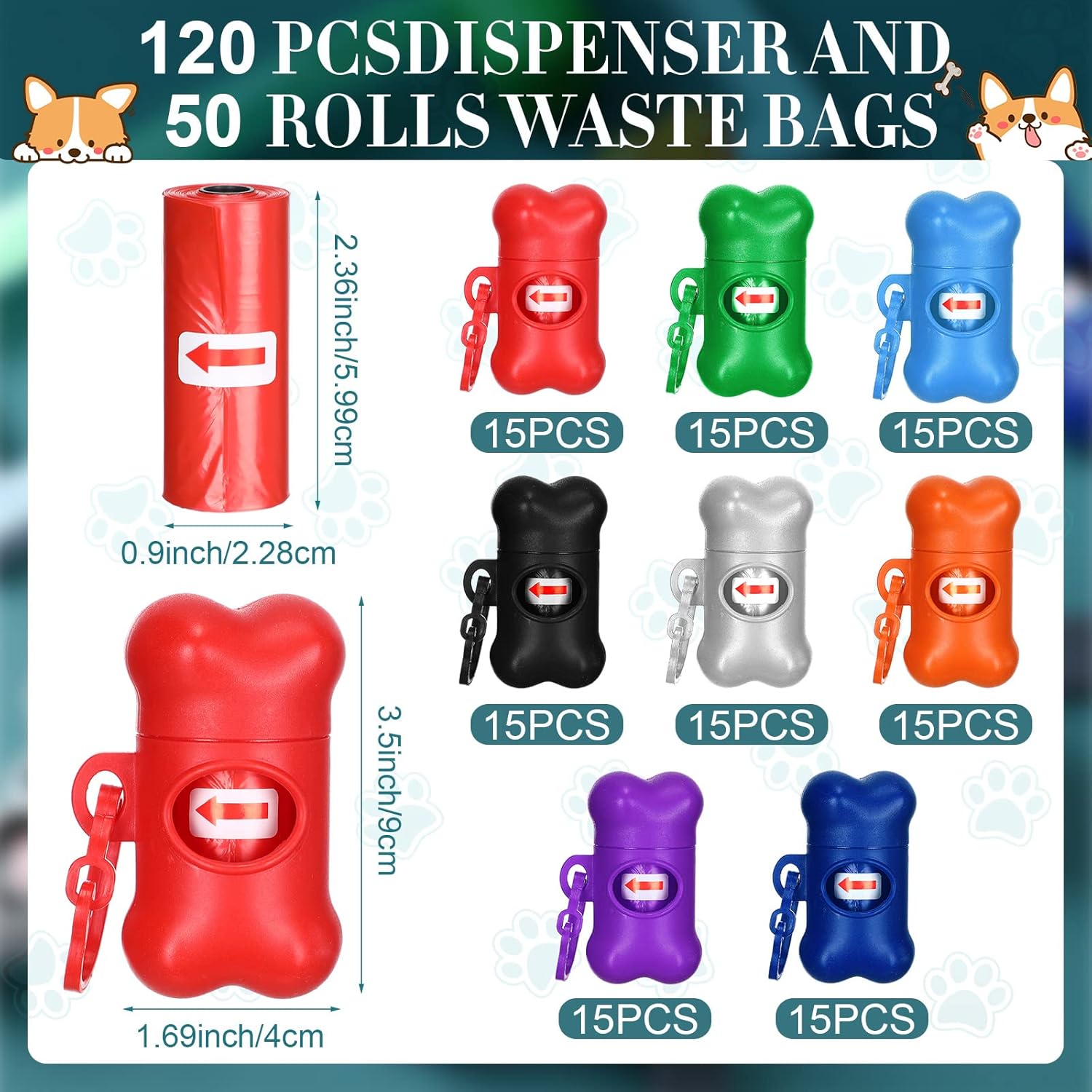 Zhehao 120 Pcs Bone Shaped Dog Poop Bag Dispensers with Disposal Small Dog Waste Bag Holder with Hook for Pet Puppy Walking Hiking Camping, 8 Colors