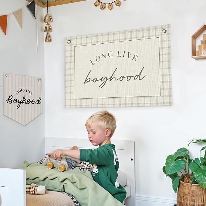 Lacama Long Live Boyhood Banner, Boy Nursery Decor, Canvas Banner Wall Hanging Banner Flag Decor for Nursery Playroom Toddler Room, Boys Kids Room Decor 30x20 Inch