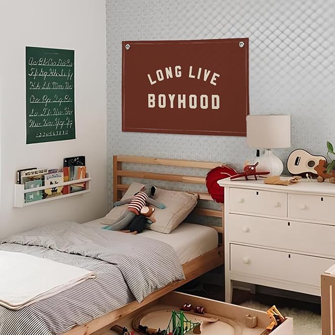 Long Live Boyhood Boys Room Decor - Linen Banner Wall Hanging Canvas Banner Flag Decor for Toddler Boy Room Nursery Playroom - Dull Red