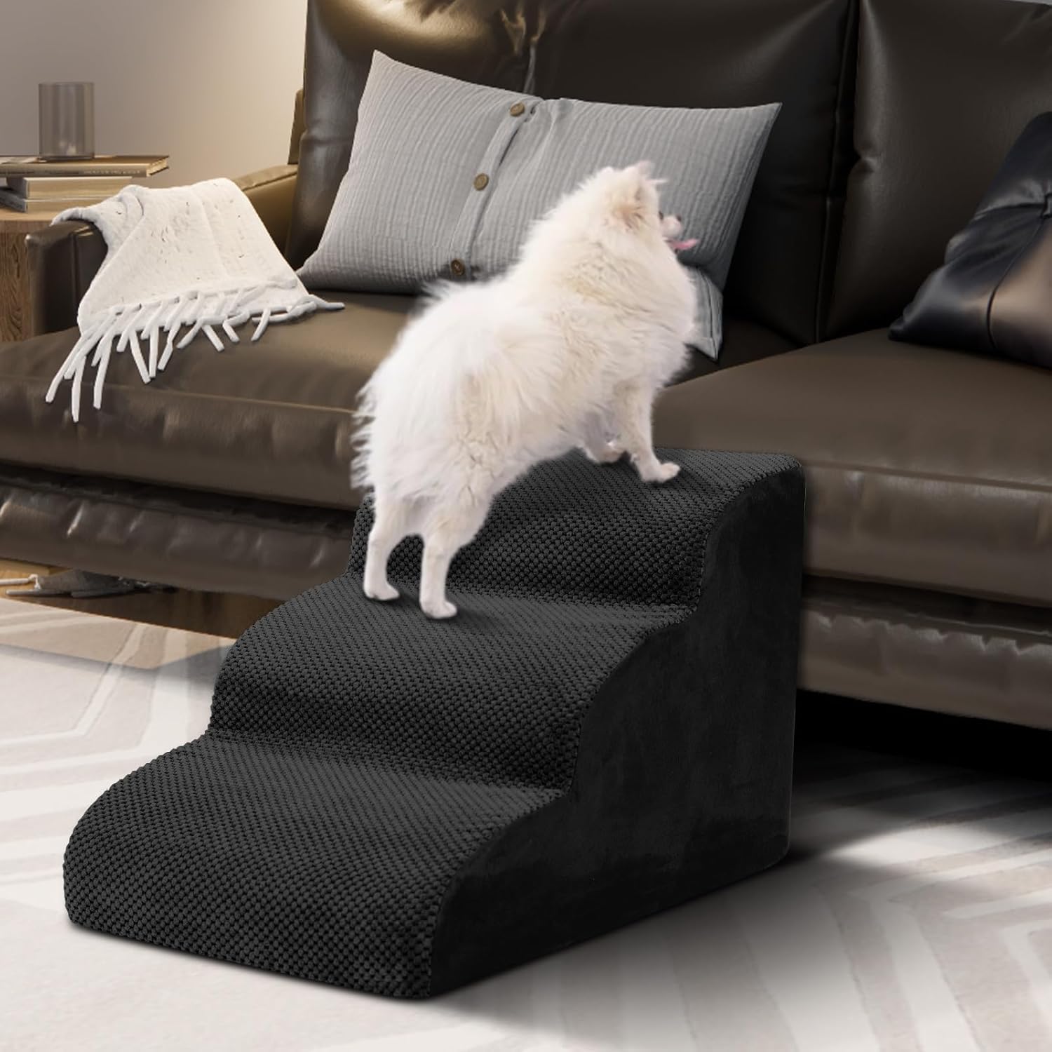Dog Stairs for Small Dogs - High Density Foam Pet Steps, Extra Wide Dog Ramp with Non-Slip Bottom for High Beds, Couch and Sofa, Best for Dogs Injured, Older Doggy Cats,3 Steps, Black