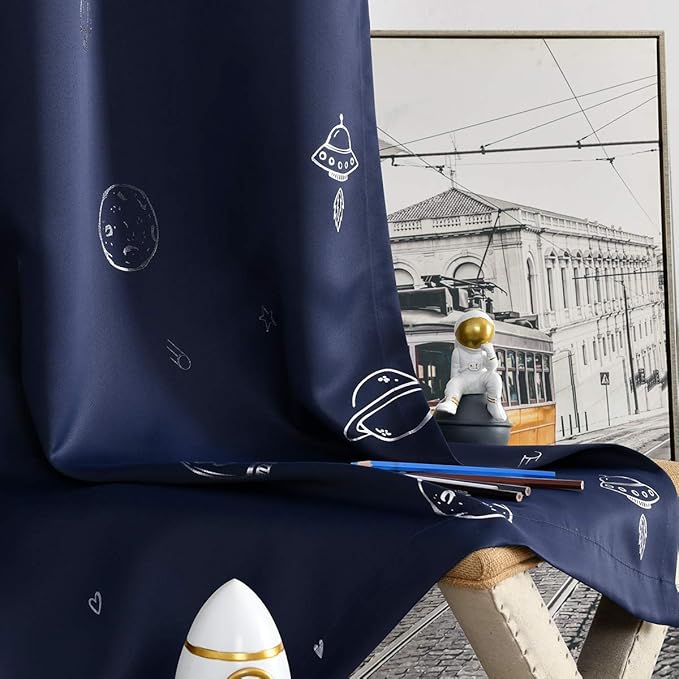 Vangao Navy Blue Kids Curtains for Boys Bedroom Space Theme Blackout Curtains for Kids Nursery Girls Room 96 Inches Length Silver Foil Print Drapes Grommet Top Window Treatments Set 2 Panels