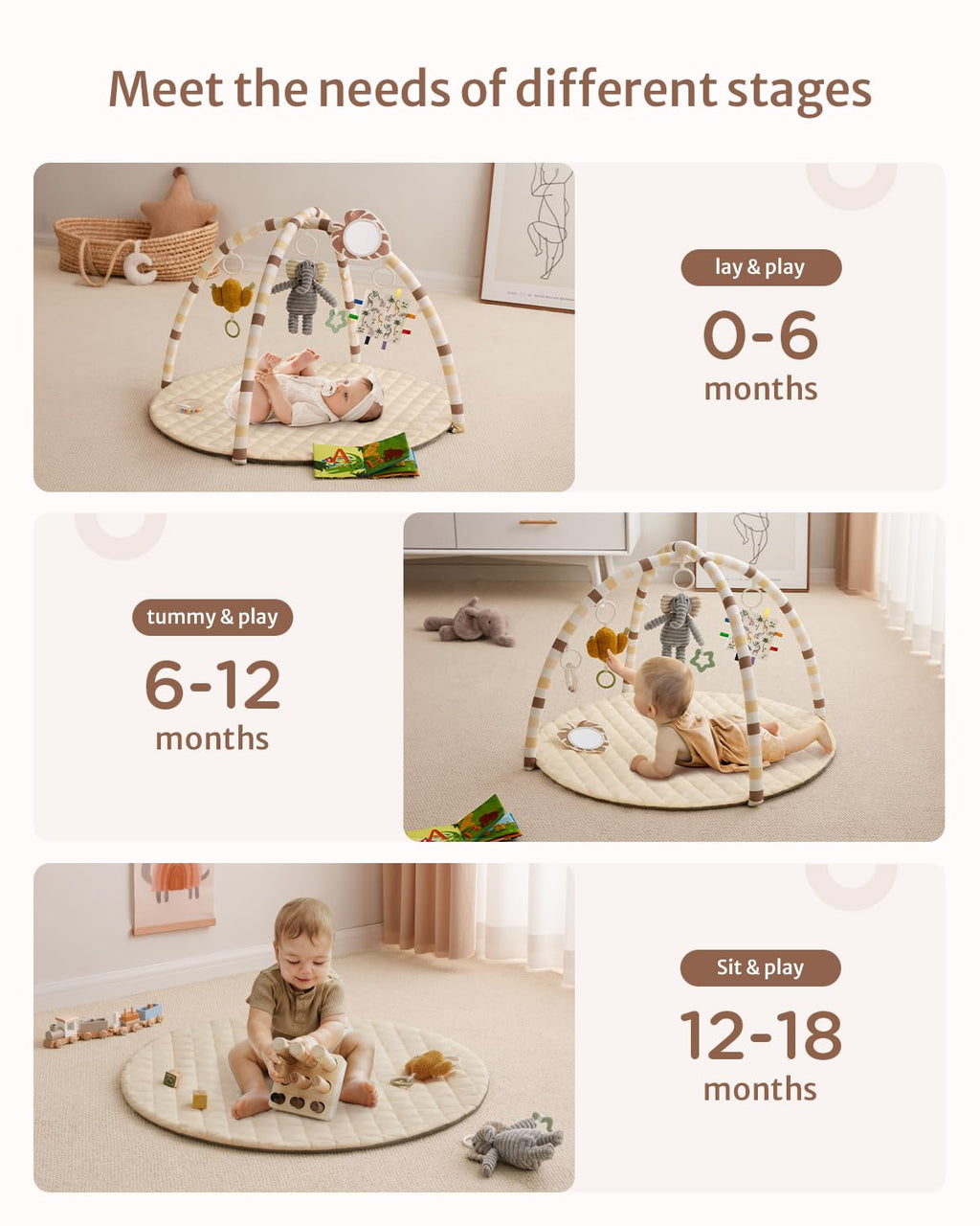 Blissful Diary Baby Play Gym Mat, Tummy Time Activity Mat with 6 Detachable Toys for Stage-Based Sensory & Motor Skill Development, Easy to Install & Clean, Baby Essentials Gift, Sandy Beige