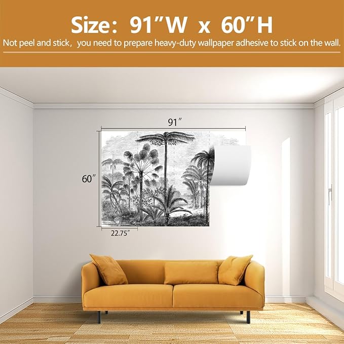 Tropical Forest Wall Mural Black Palm Tree Wallpaper Mural for Living Room Bedroom（Not Peel and Stick）