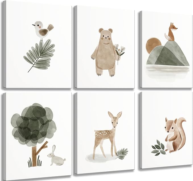 6 Pieces With Woodland Nursery Canvas Wall Art Neutral Sage Green Bohemian Minimalist Forest Animals Paintings Pictures Wall Decor Poster Print Artwork For Kids Room Baby Room Boys Girls Bedroom