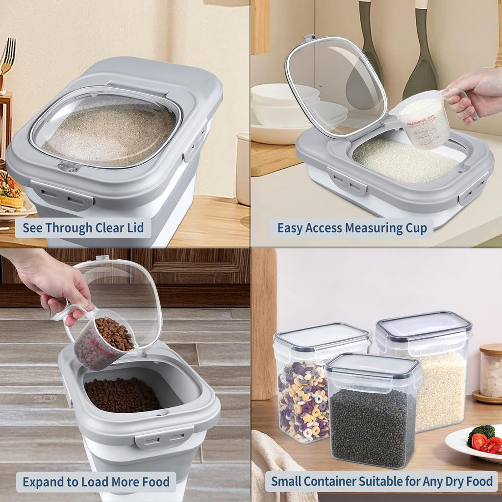 Rice Storage Container, Collapsible Airtight Food Storage Containers 6-20 Lbs, Rice Dispenser with Measuring Cup and Small Bin for Flour Cereal Pasta Grain, Cat Pet Dog Bird Food Container