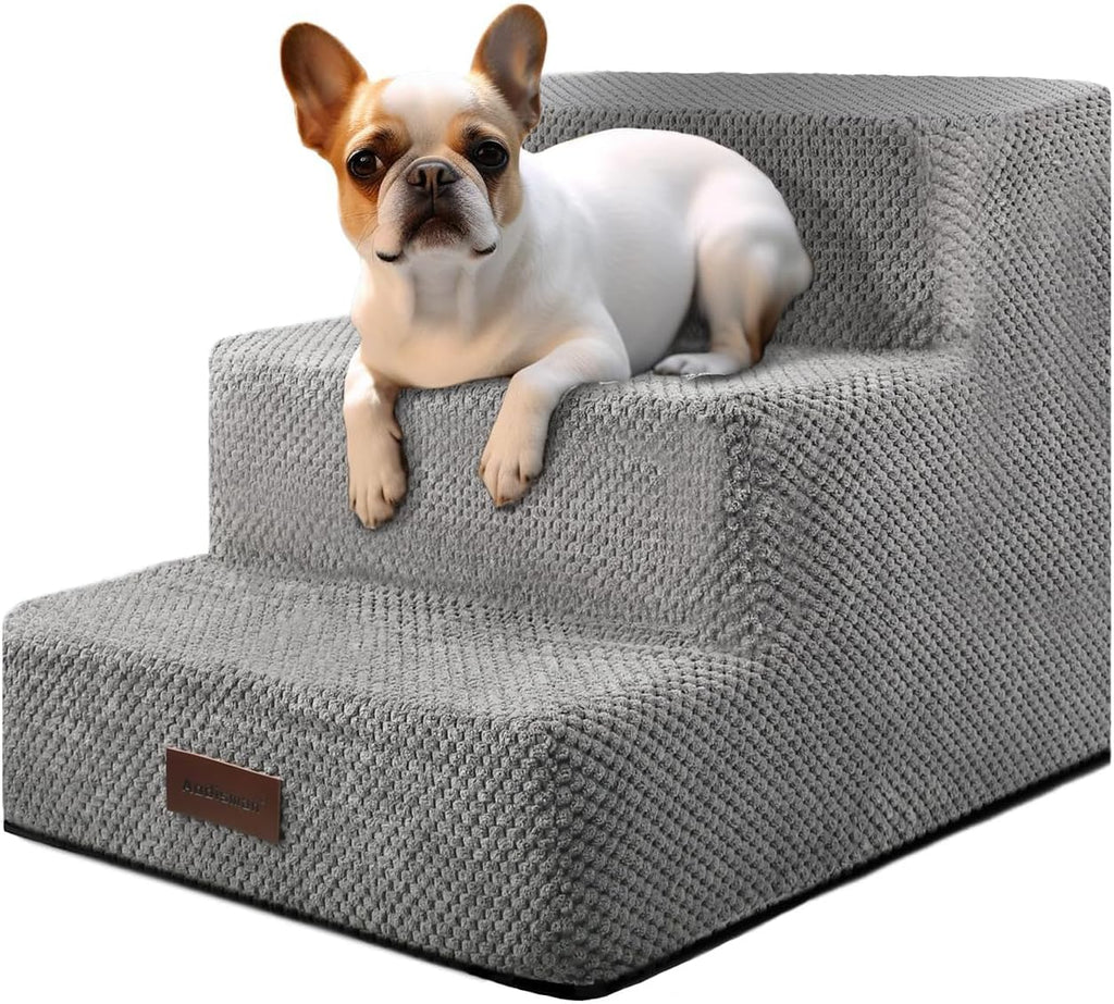 Dog Stairs for Small Dogs & Cats, 3-Step Non-Slip Pet Steps for Couch Sofa and Chair, Grey, 13.6" H