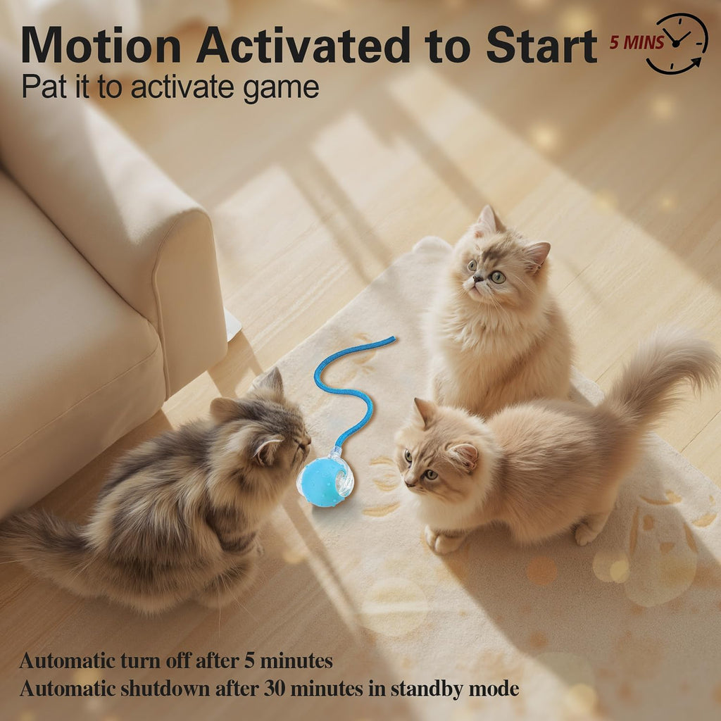 Interactive Cat Toys Ball for Indoor Cats, Automatic Agile Rolling Cat Ball with Elastic Mesh Tail, Bird Chirping & Motion Activated, 2 Tail Accessories, Kitten Toy for Bored (Blue)