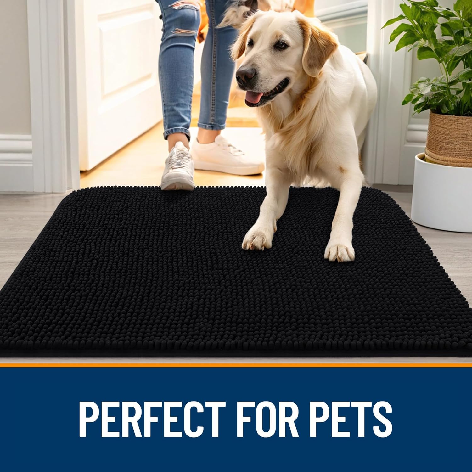 OLANLY Dog Door Mat for Muddy Paws 36x24, Absorbs Moisture and Dirt, Absorbent Non-Slip Washable Doormat, Quick Dry Chenille Mud Mat for Dogs, Entry Indoor Entryway Carpet for Inside Floor, Black
