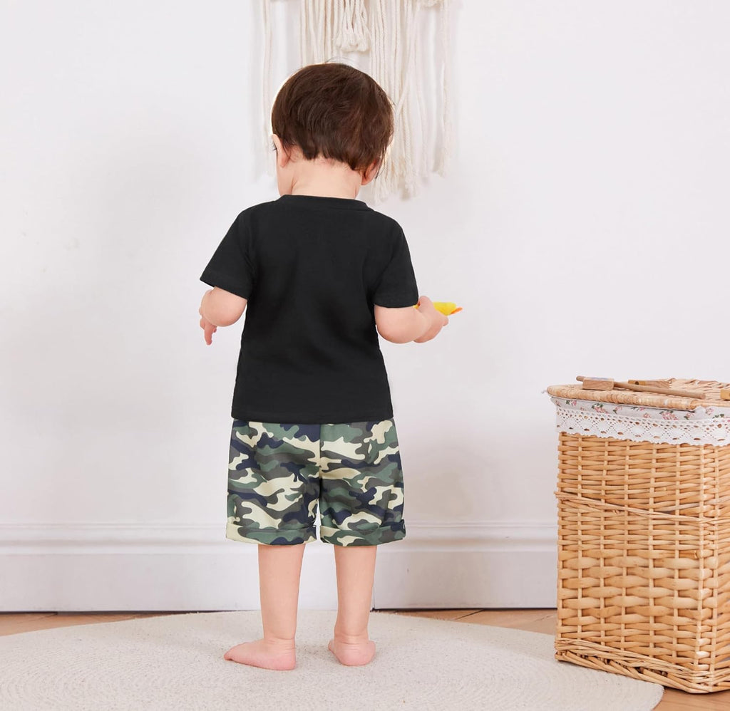 wdehow Toddler Kids Baby Boy Summer Clothes Sets 1T 2T 3T 4T 5T Letter Print Short Sleeve Tops Camouflage Shorts Outfits