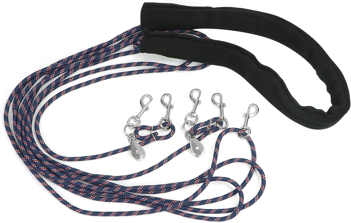 QWORK Adjustable Horse Training and Lunging Aid with Rear Fleece Cover, Navy/Red, Encourages Proper Head Carriage and Comfortable Stretching, Durable Braided Nylon Rope with Metal Clips,