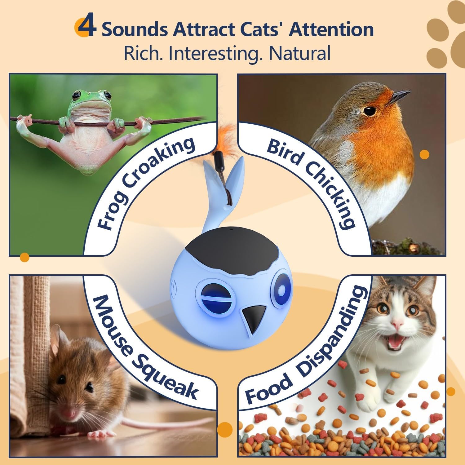 ORSDA Cat Toys, Interactive Cat Toy for Indoor Cats, Automatic Moving Ball Bird for Indoor Adult Cats Kitten Toys All Breeds, Fast Rolling Motion Activated Chirping Stimulating Light, 2 Feather Refill