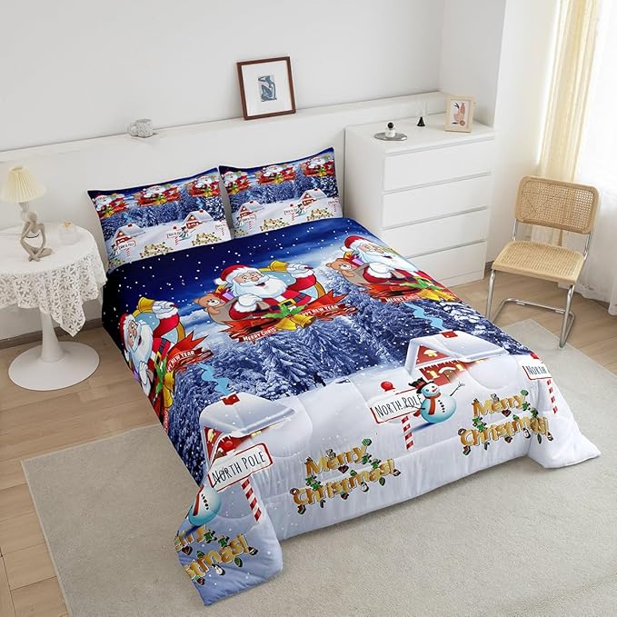 Feelyou Kids Christmas Bedding Set Xmas Santa Claus King Size Comforter Set for Boys Girls Merry Christmas Warmth Comforter Galaxy Blue Decor Quilt Collection 3Pcs