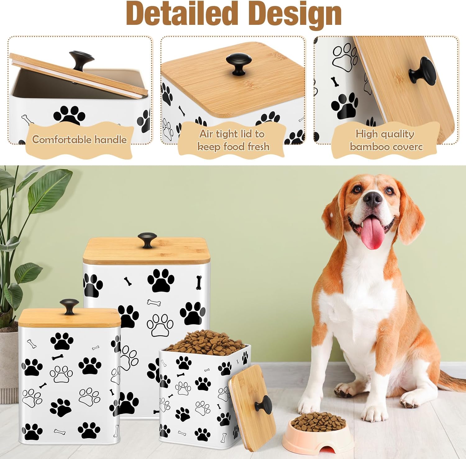 3 Pack Airtight Dog Food Containers with Bamboo Lids, Metal Dog Treat Jars Canisters for Kibble, Biscuits, Snacks, Cookies, Pet Food Storage Set for Kitchen Counter(White)