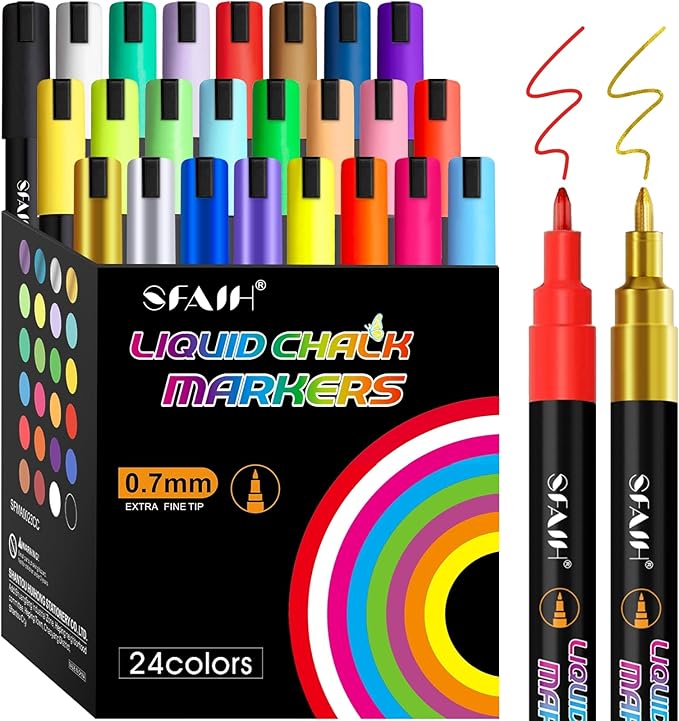 SFAIH Liquid Chalk Markers - 24 Colors 0.7-1mm Fine Tip, Non-Toxic Chalk Pens for Chalkboard Calendar, Acrylic, Glass, Menus, Labels, Signs, Wet Wipe, Zero Dust, Ideal for Home, Business or Bistro