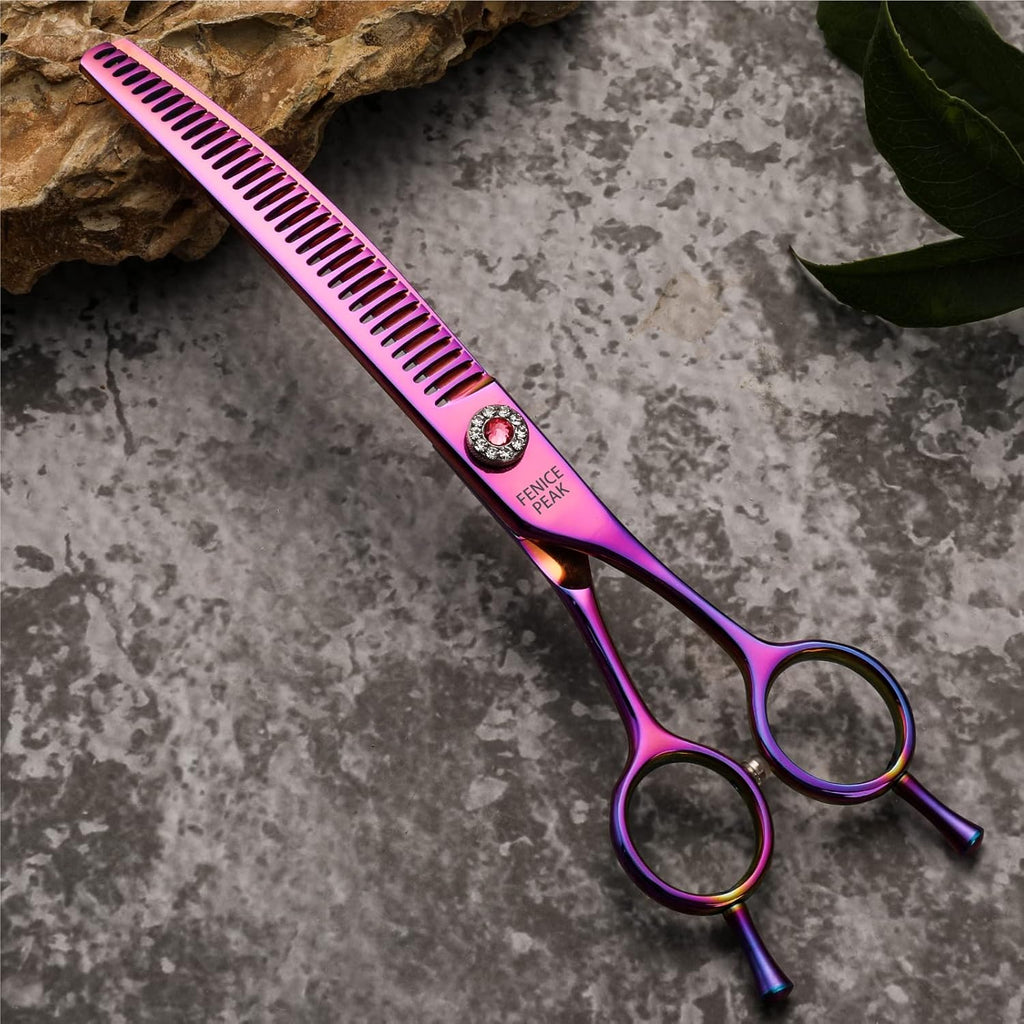 Fenice Peak Professional Dog Grooming Scissors Pet Curved Chunker Shears 7.0'' Extremely Sharp Blades 440C Steel Thinning Scissors Durable Smooth Motion & Fine Cut for Dogs and Cats (Multicolored)