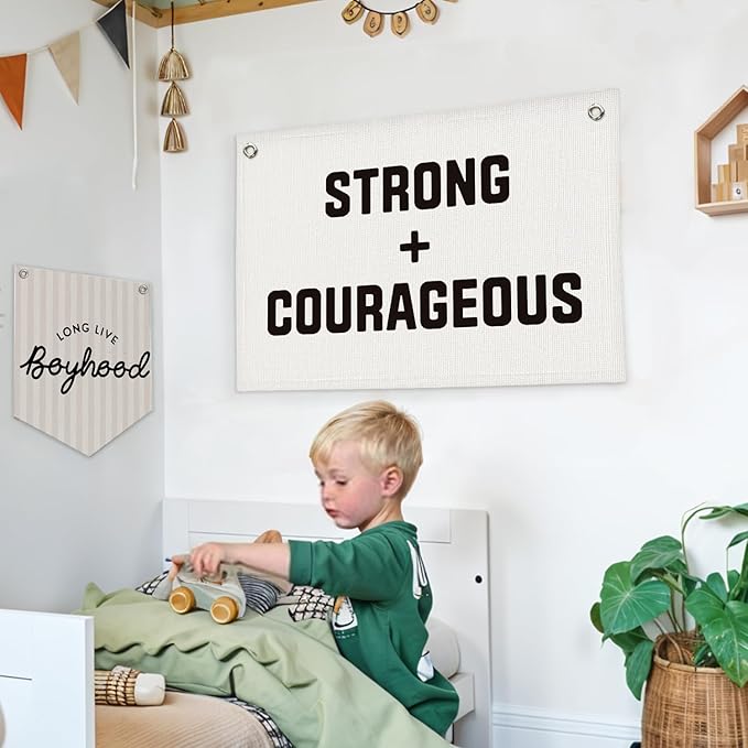 Lacama Positive Affirmations Wall Decor, Playroom Decor, Be Strong Courageous Linen Banner Wall Hanging Banner Flag Decor for Nursery Toddler Room, Boys Kids Room 30x20 Inch