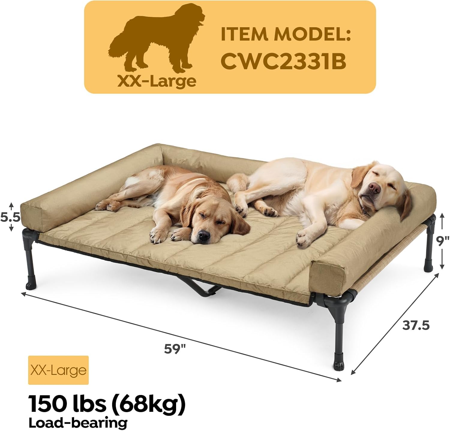 Veehoo Cooling Elevated Dog Bed Add Removable Waterproof Bolster Cushion Mat, Raised Pet Cot with Breathable Teslin Mesh, No-Slip Feet, Dog Couch Bed for Indoor Outdoor, 59x37.5inches, Beige, CWC2331B