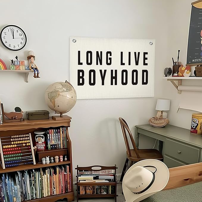 Lacama Long Live Boyhood Banner, Neutral Canvas Wall Hanging Banner Flag for Nursery Playroom, Toddler Room, Boys Kids Room Decor 30x20 Inch