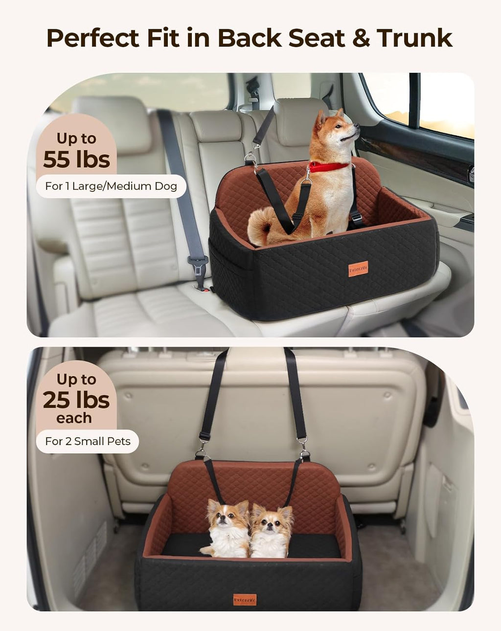 Dog Car Seat for Large Medium Dogs, Pet Car Seat Under 55 lbs or 2 Puppies, Removable Washable Pets Travel Booster Bed for Automotive Backseat with Comfy Thick Cushion, 2 Safety Leashes(Black/Brown)