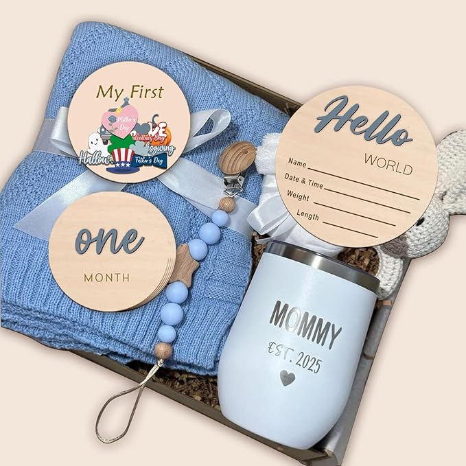 Monthly Baby Milestone and First Holiday Signs, Wooden Baby Months Disc Set 1-12, Hello World Newborn Announcement Props (Blue)
