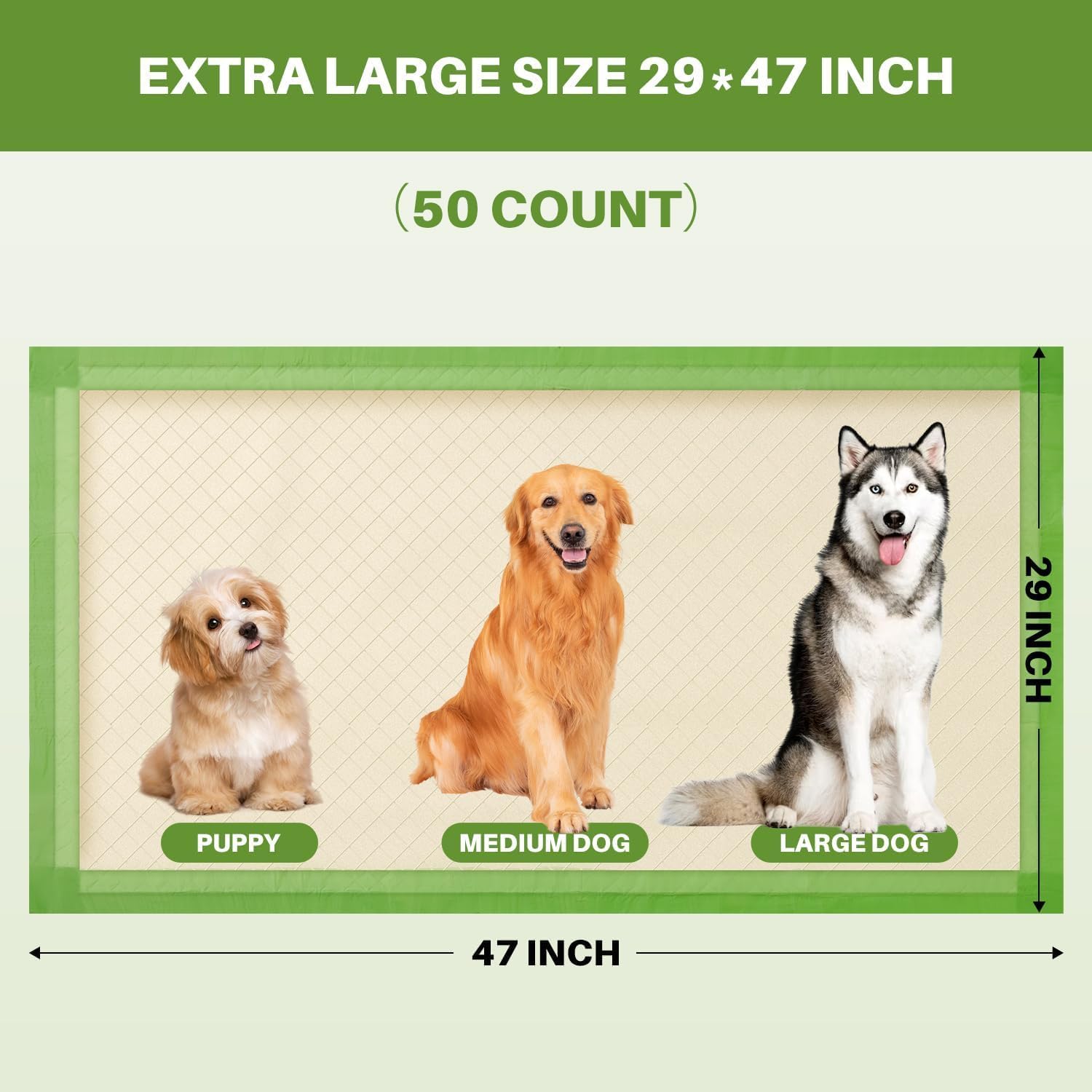 Gardner Pet Dog Pee Pads Extra Large 29"x47", XL Thicker ECO Green Disposable Puppy Training Pads Super Absorbent Full Edge-Wrapping Pad for Dogs, Puppies, Cats, Rabbits (50 Count)