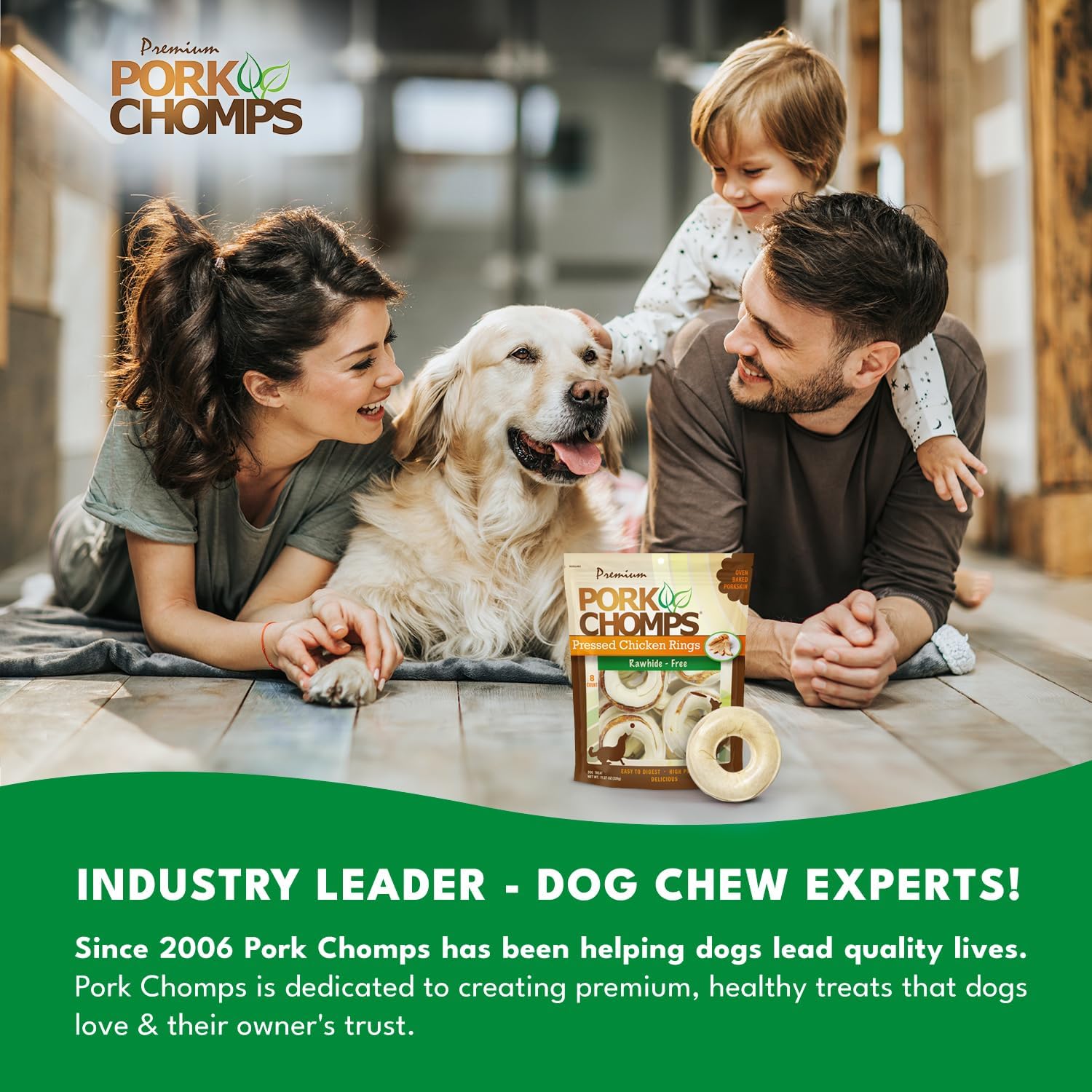 Pork Chomps Pressed Pork Skin Dog Chews, 2.5-inch Rings, Real Chicken, 8 Count