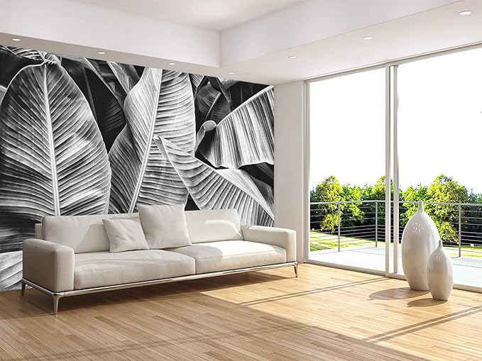 Grey Leaf Wallpaper Tropical Banana Leaves Wall Mural Wallpaper for Bedroom Living Room TV Background Wall Covering(Not Peel n' Stick)