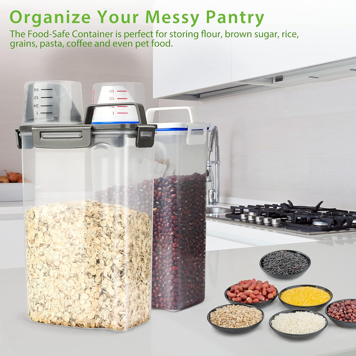 Rice Airtight Storage Container, 3 to 5Lbs Cereal Dry Food Flour Bin, Pet Dog Cat Food Dispenser with Measuring Cup, BPA Free Clear Plastic Kitchen and Pantry Organization Bin for Sugar