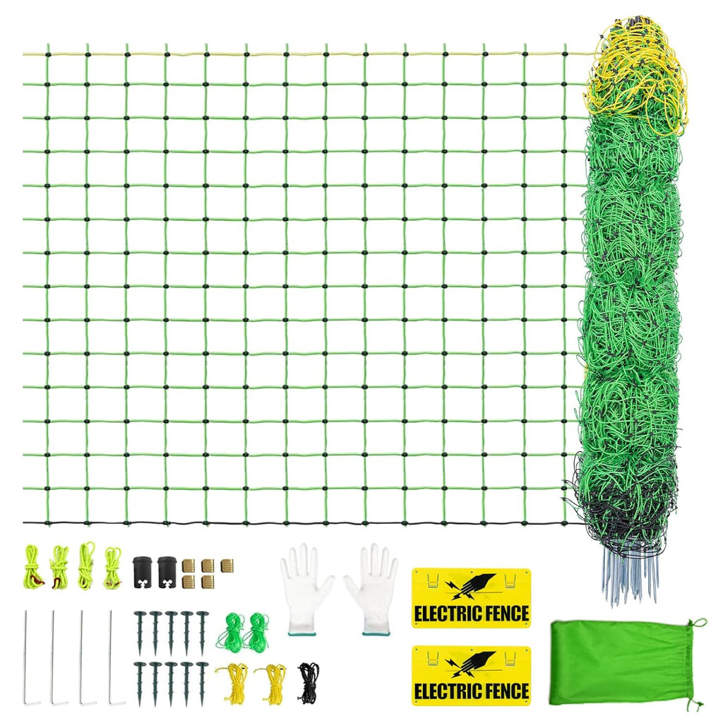 Electric Fence Netting,164'Lx49.6"H, Electric Livestock Netting with 14 Double Barbed Poles, Suitable for Pigs, Cows, Sheep and Other Large Animals, Portable Electric Fence for Farms, Ranches