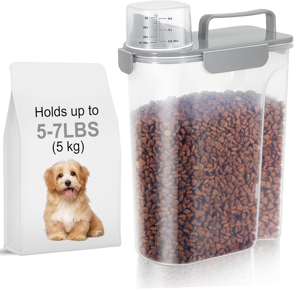 5-7Lbs Dog Cat Food Storage Container with Upgraded Large Nozzle BPA-free, 4 Snap Seals Plastic Pet Food Storage Containers with Handles (1, Light Gray, 5L)