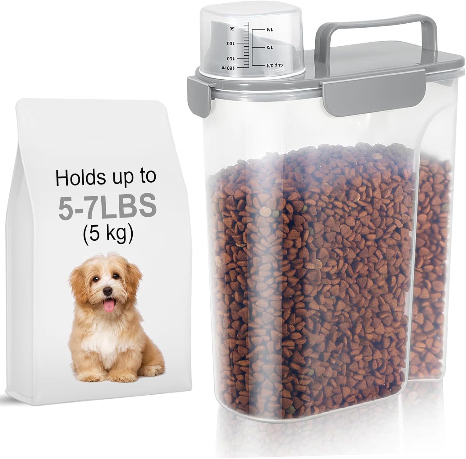 5-7Lbs Dog Cat Food Storage Container with Upgraded Large Nozzle BPA-free, 4 Snap Seals Plastic Pet Food Storage Containers with Handles (1, Light Gray, 5L)