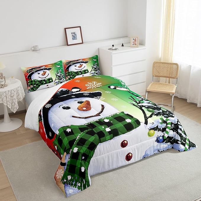 Feelyou Kids Christmas Theme Decorations Bedding Set Xmas Snowman Comforter Set for Boys Girls Snowflake Kawaii Cute Comforter Orange Red Green Quilt Set Bedroom Collection King Size