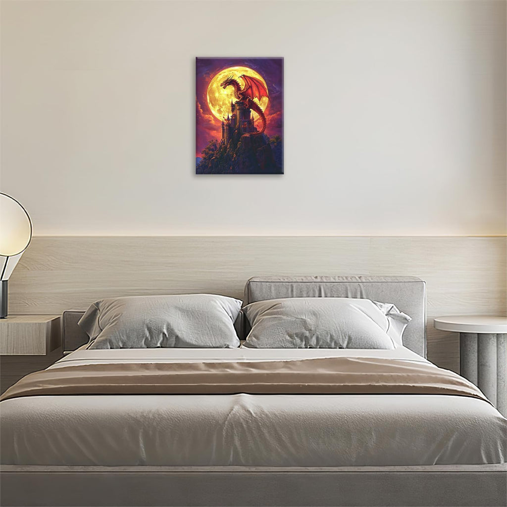 Dragon Bathroom Pictures Wall Art, Red Dragon Castle Bathroom Wall Decor, Framed Painting Canvas Artwork for Bedroom Living Room Decorations 16"L x 12"W